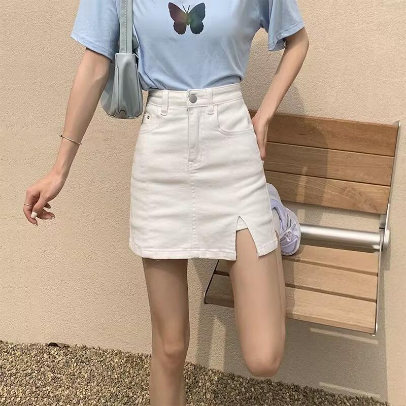 

Women s High Waist A-Line Split Denim Mini Skirt - Plus Size, Slimming, Anti-Exposure, Hip-Hugging Design Medium