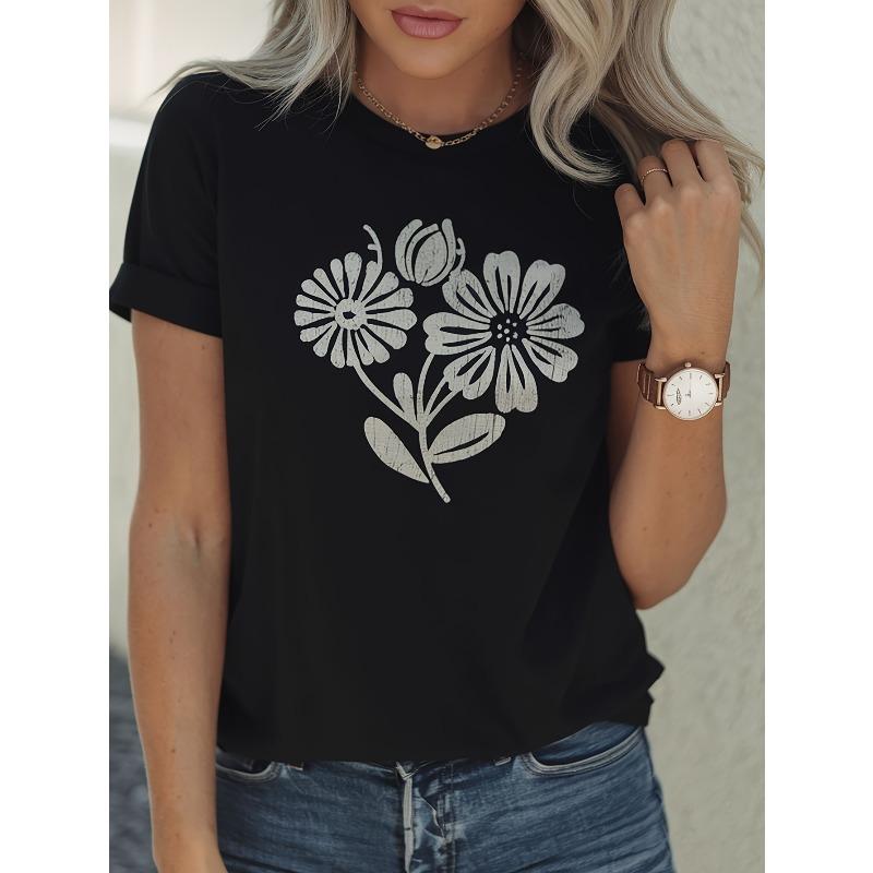 

Womens Black High Neck Short Sleeve Tee White Floral Print Regular Relaxed Fit 1pc Machine Washable All-Season Comfort Everyday Festival Casual Top 4XL чорний