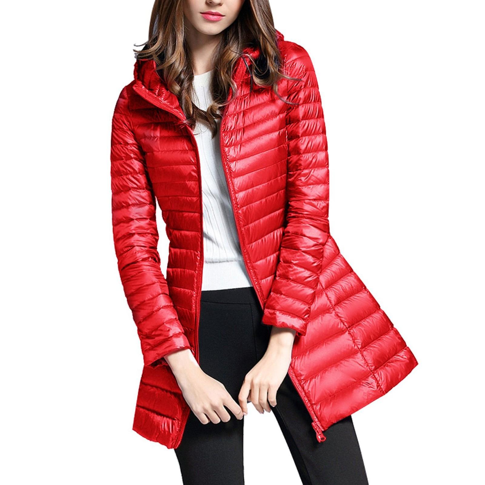 

Женское стеганое пальто с капюшоном и длинным рукавом, зимняя теплая куртка средней длины на молнии и верхняя одежда XL красный