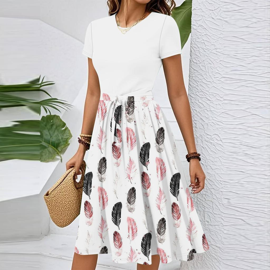 Women's Casual Fashion Belted Floral Printed Short Sleeve Round Neck Elegant Flowing Dress