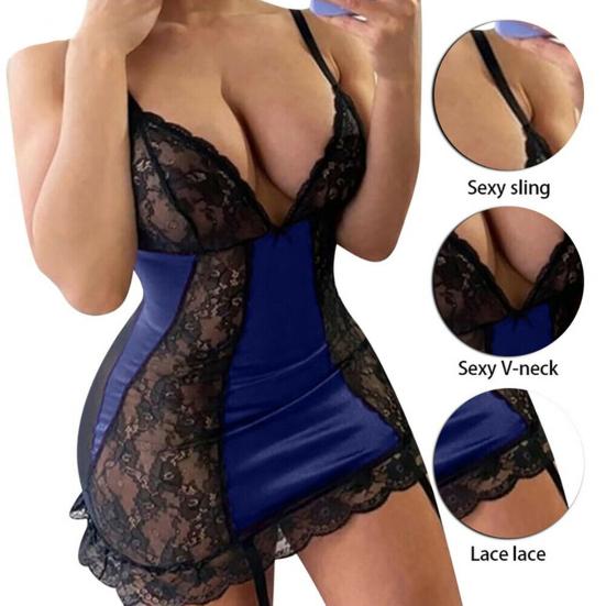 Sexy Damen-Nachthemd mit tiefem V-Ausschnitt und Spitze, ärmellos, schlanke Versuchung