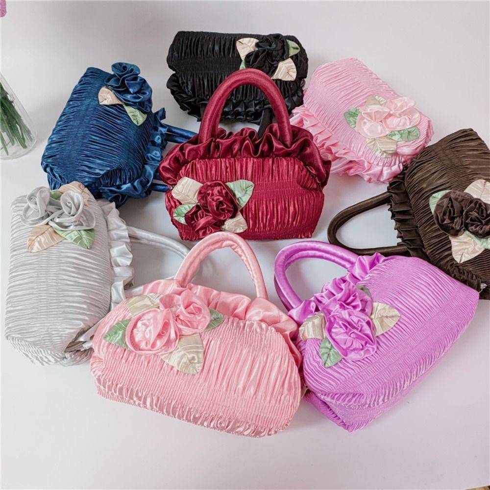 Leaf Hanfu Rose Flower Handbag Satin Silk Bubble Zipper Flower Tote Bag Cosmetic Makeup Bag Mommy Bag Ethnic Style Wrist Bag