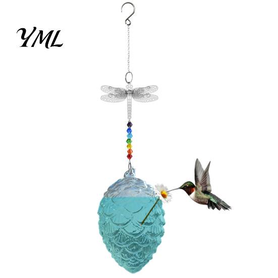 Glass Nectar Feeder for Garden Pine Cone Shape Hummingbird with Butterfly/Dragonfly Decor, Outdoor Hanging Small Mouth Bird Water Beads Chain