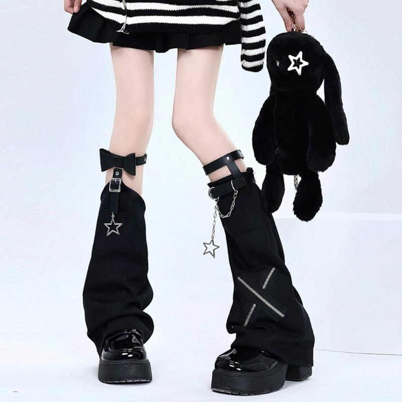 Aesthetic Vintage Crosses Stitched Leg Warmer for Women Harajuku Streetwear Punk Leather Buckle Garters Leg Sleeve Cover