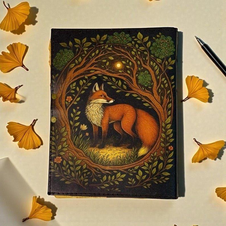 200 -Page Fox Leather Grimoire | Handmade Spell Book of Shadows, Vintage Deckle Paper Journal, Unique Fox Gift for Him and Her