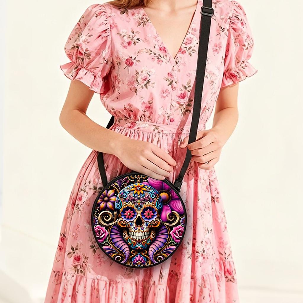 Schädelprint Runde Schultertasche Lässige Umhängetasche für Damen Beste Geschenke 2D Flache Lässige Tägliche Crossbody-Tasche