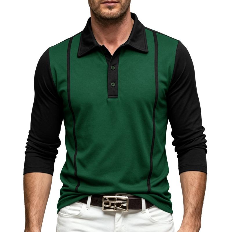 Mens Oversized Long Sleeve Polo Shirt Contrast Color Casual Autumn M чёрный