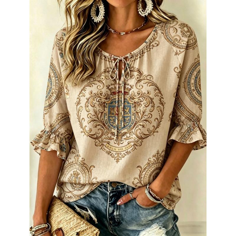 Women's Tie Keyhole Neck Blouse, Khaki Vintage Brown Scroll Floral Allover Print, for Spring Summer Daily Outfits