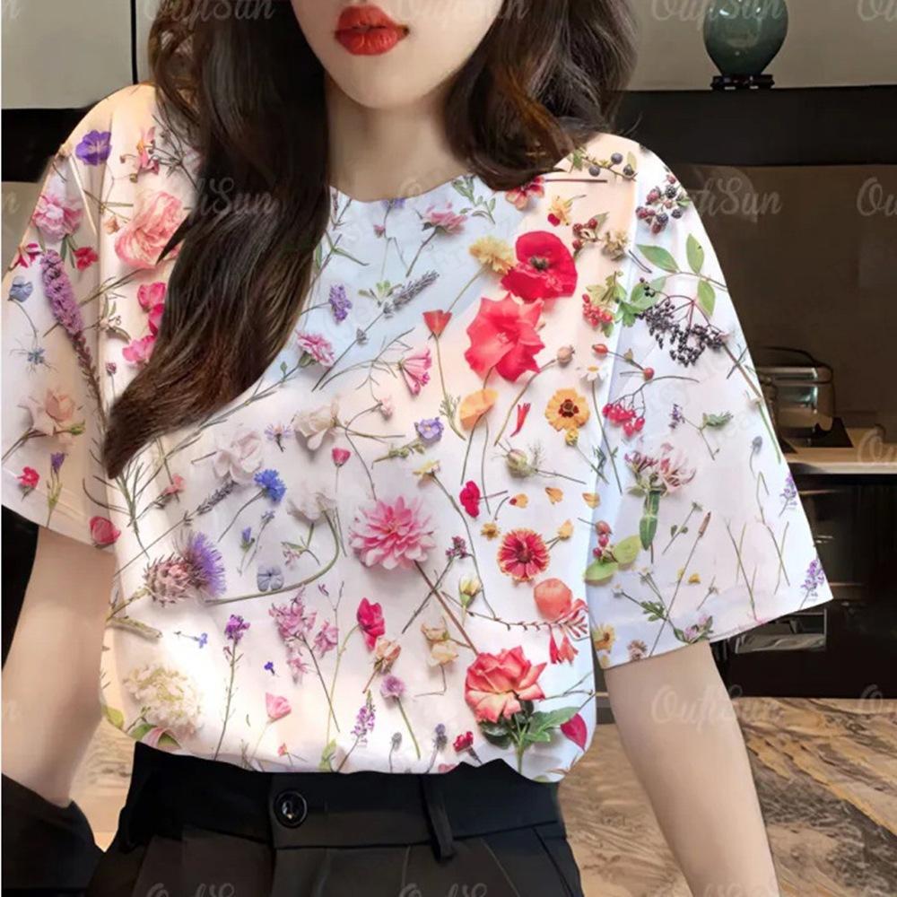 Letní dámské tričko s kulatým výstřihem, květinovým vzorem a 3D potiskem, módní, ležérní, s krátkým rukávem