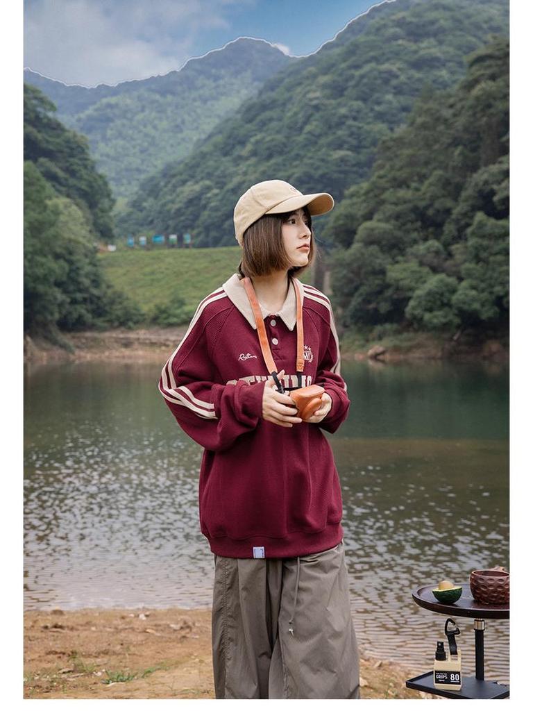 Preppy Retro Embroidered Long-Sleeve Polo Shirt - Trendy Color Block Lapel Sweatshirt for Women and Couples