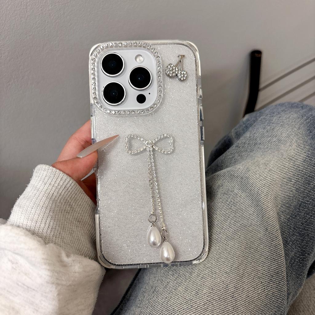 For iPhone 16 Pro Max Case Rhinestone Decor Glitter TPU Phone Cover with Bow Tassel