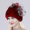 Brand Women Genuine Rex Rabbit Fur Hats Winter Rex Rabbit Fur Beanies Striped Top Flower Fox Fur Warm Real Fur Knit Caps