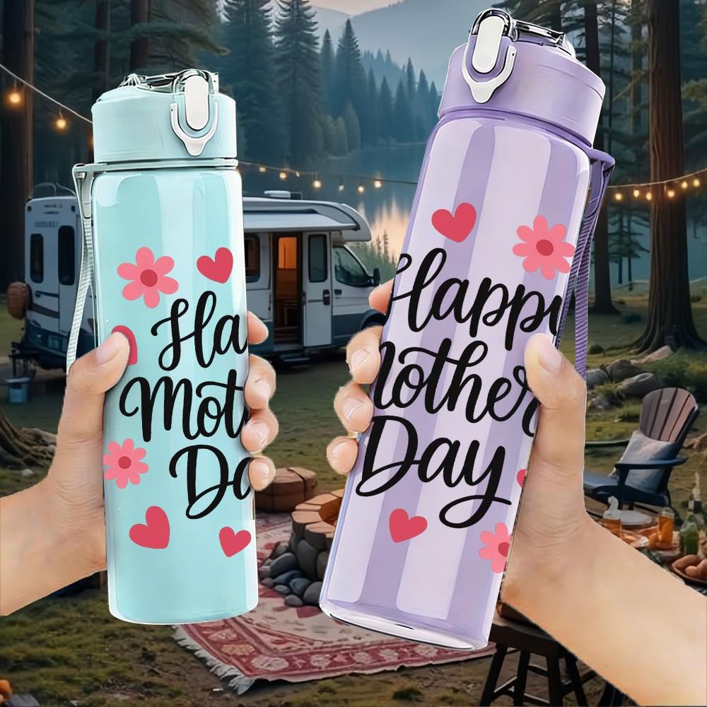 1PC Happy Mothers Day Floral Quote Pattern 750ml Color Plastic Sports Water Bottle Leakproof Flip Straw Lid Suitable for Sports Office Home Use