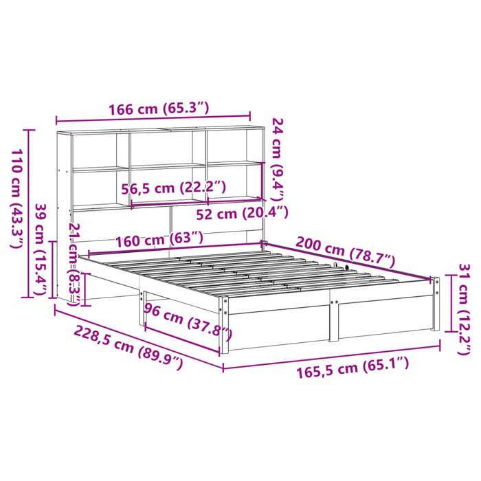 VidaXL Lit bibliothèque sans matelas blanc 160x200 cm bois pin massif, lit, meuble de chambre à coucher, lit avec rangement, 3322398