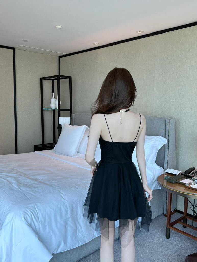 Sultry Mesh Deep V Fur Collar A-line Dress with Irregular Hem