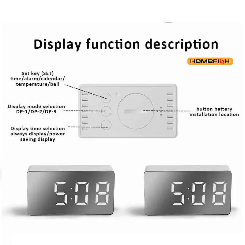 1Pc White LED Mirror Table Clock Snooze Display Time Night Light Desktop USB Alarm Clock Home Decor