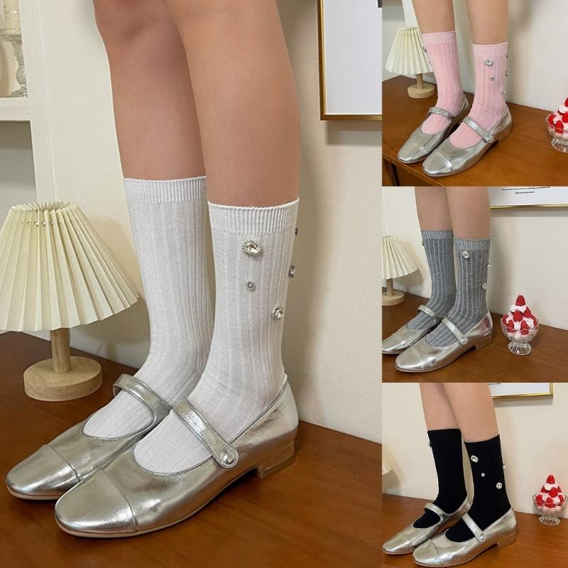 Womens Ribbed Crew Socks, Thin Comfort Breathable Rhinestone Socks, Above Ankle Crew Socks for Womens Schoold Girl