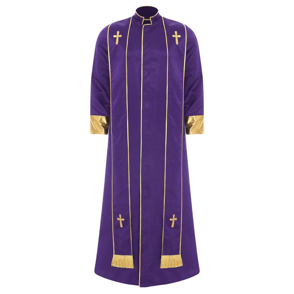 Mens Priest Robe Costume Stand Collar Long Sleeve Front Zip Design Gold Cross Cassock Catholic Halloween Cosplay Vestments