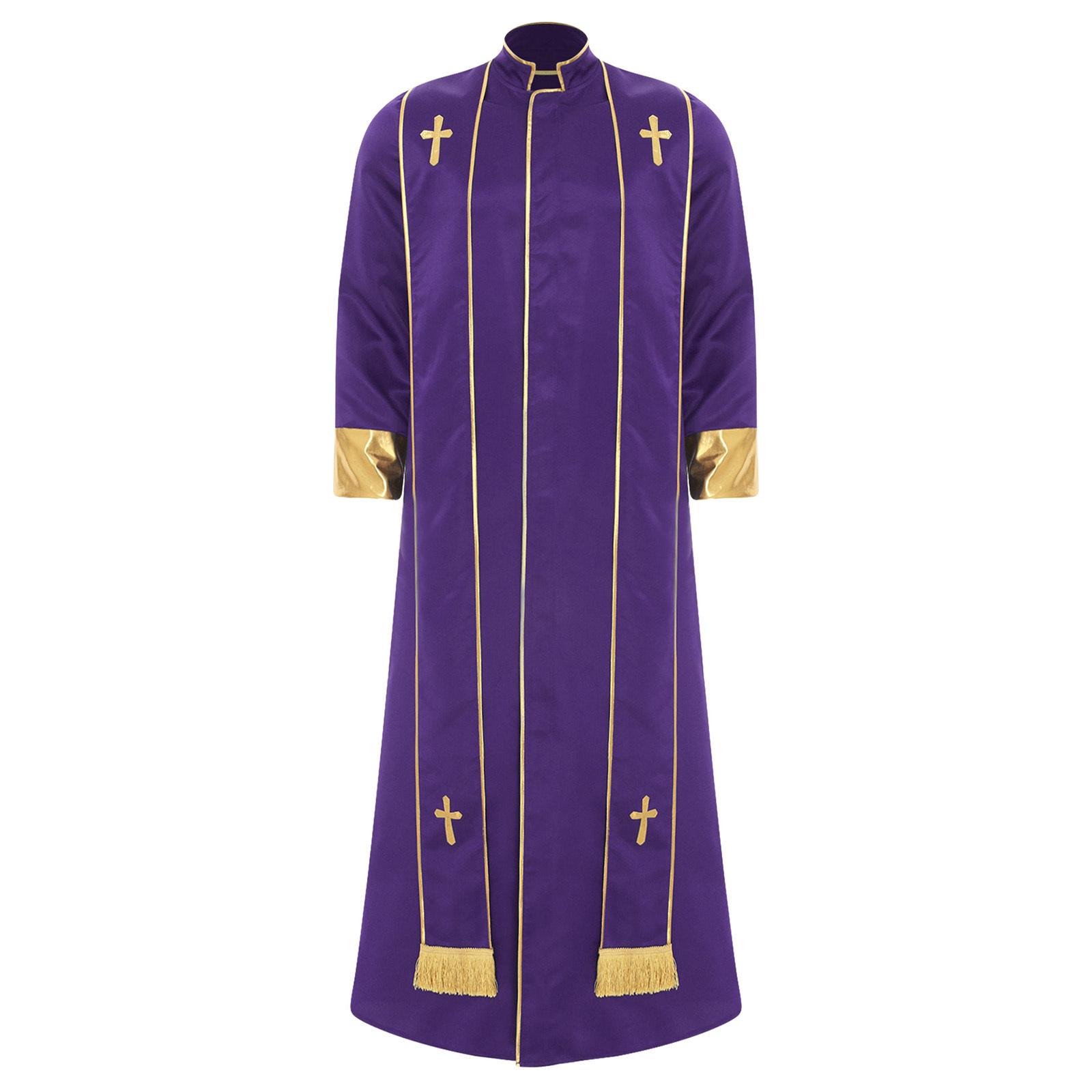 

Чоловічий костюм священика роба зі стійким коміром довгий рукав блискавка спереду золотий хрест ряса ризи католицький Хелловін косплей L фіолетовий