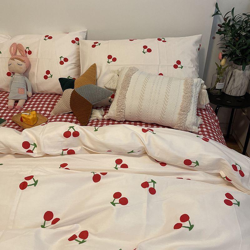 Red Cherry Duvet Cover Set No Filler Ins Style Korean Full Queen Size Girls Boys Flat Sheet Pillowcase Bedspread Set