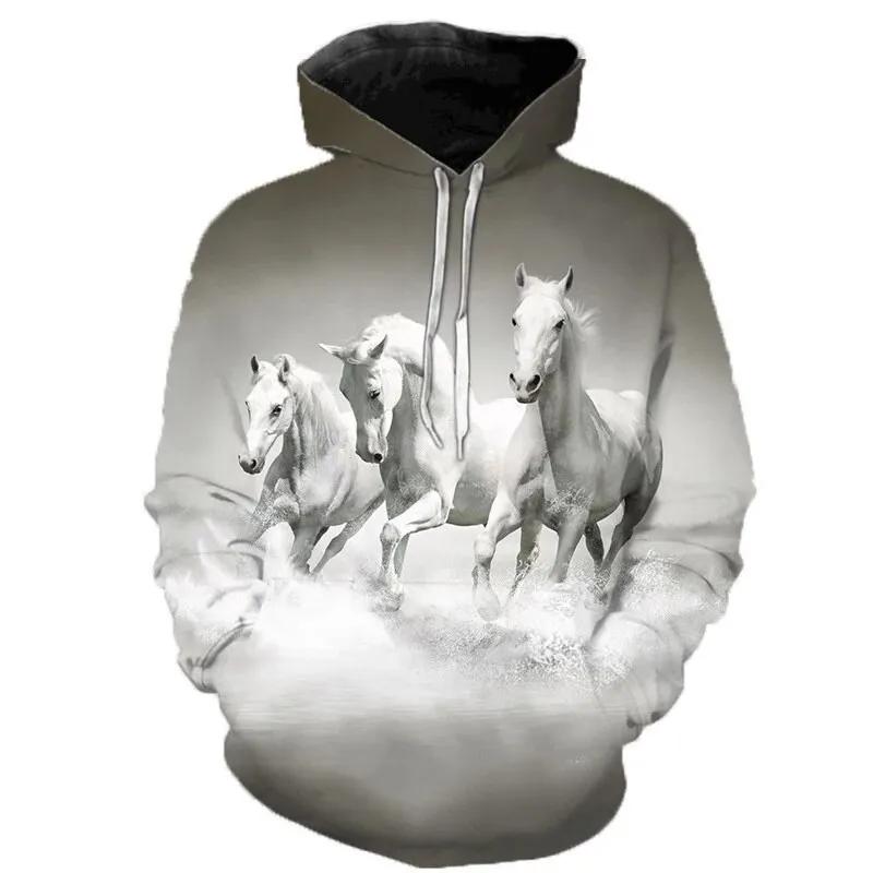 Autumn 3D Horse Pattern Printed Hoodies Fashionable Casual Sports Long Sleeved Men's Hooded Sweatshirts