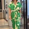Summer Single-breasted Medium and Long Shirt Women's Print Short-sleeved Dress