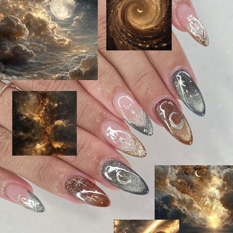 

24PCS Maillard Brown Cat Eye Almond Stick on False Nails Silver Star Sweet Cool French Wearable Fake Nails for Women with Beauty