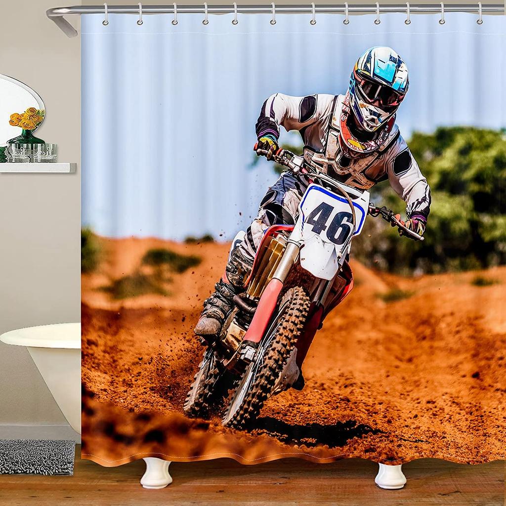 Dirt Bike Shower Curtain Boys Bathroom Bathtubs Motocross Rider Extreme Sports Bath Mountain Curtains Polyester Perfect For