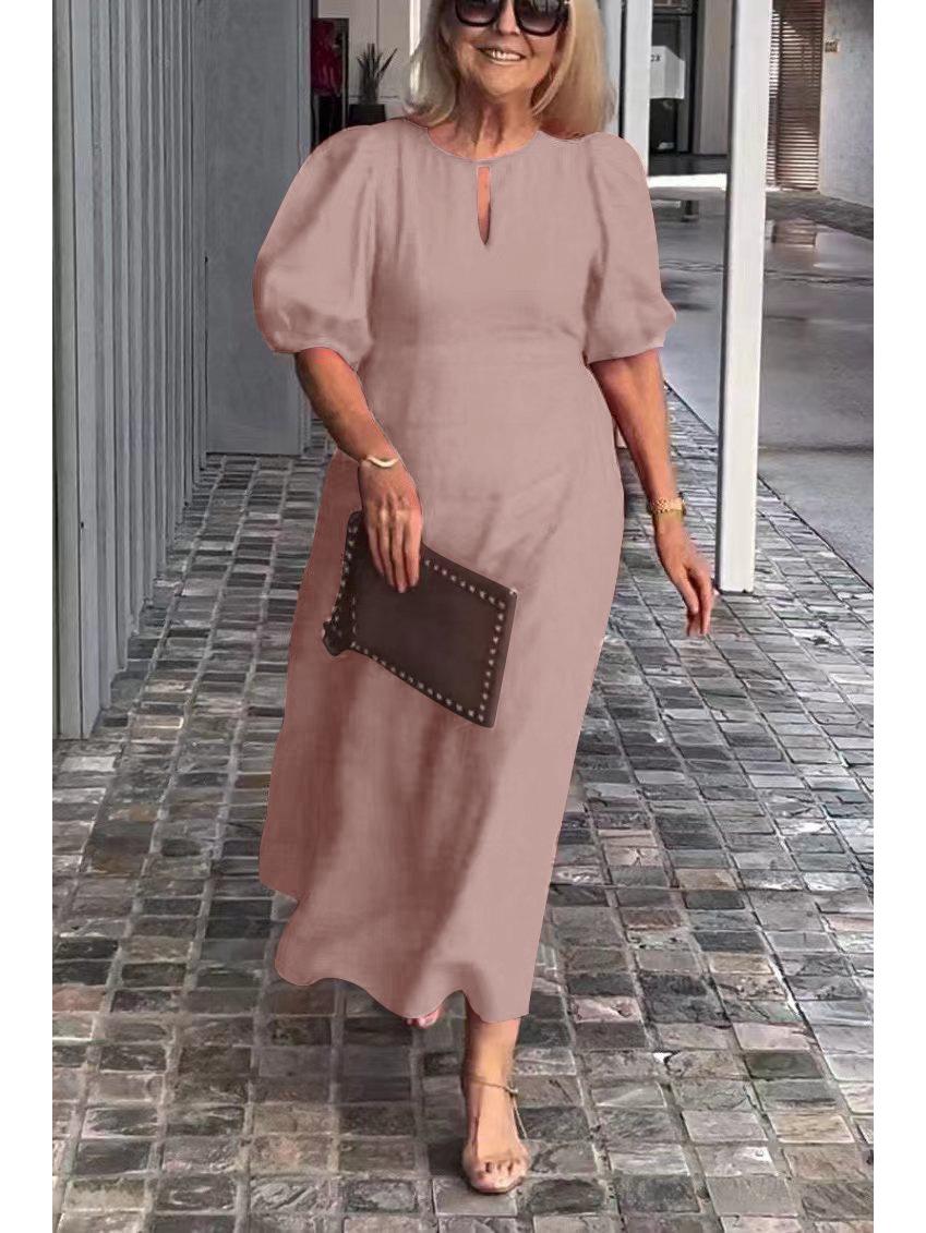 Spring/Summer Women s Solid Color Loose Casual Puff Sleeve Long Dress 4XL