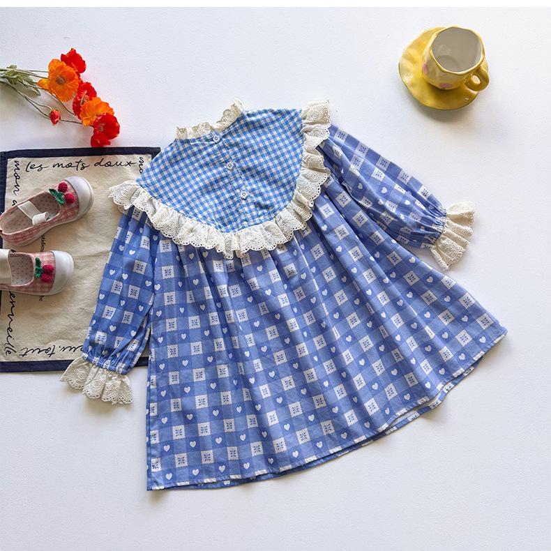 Spring Girls Plaid Dress With Peter Pan Collar Ruffle Hem And Cute Bear Embroidery Sweet Princess Children Clothing