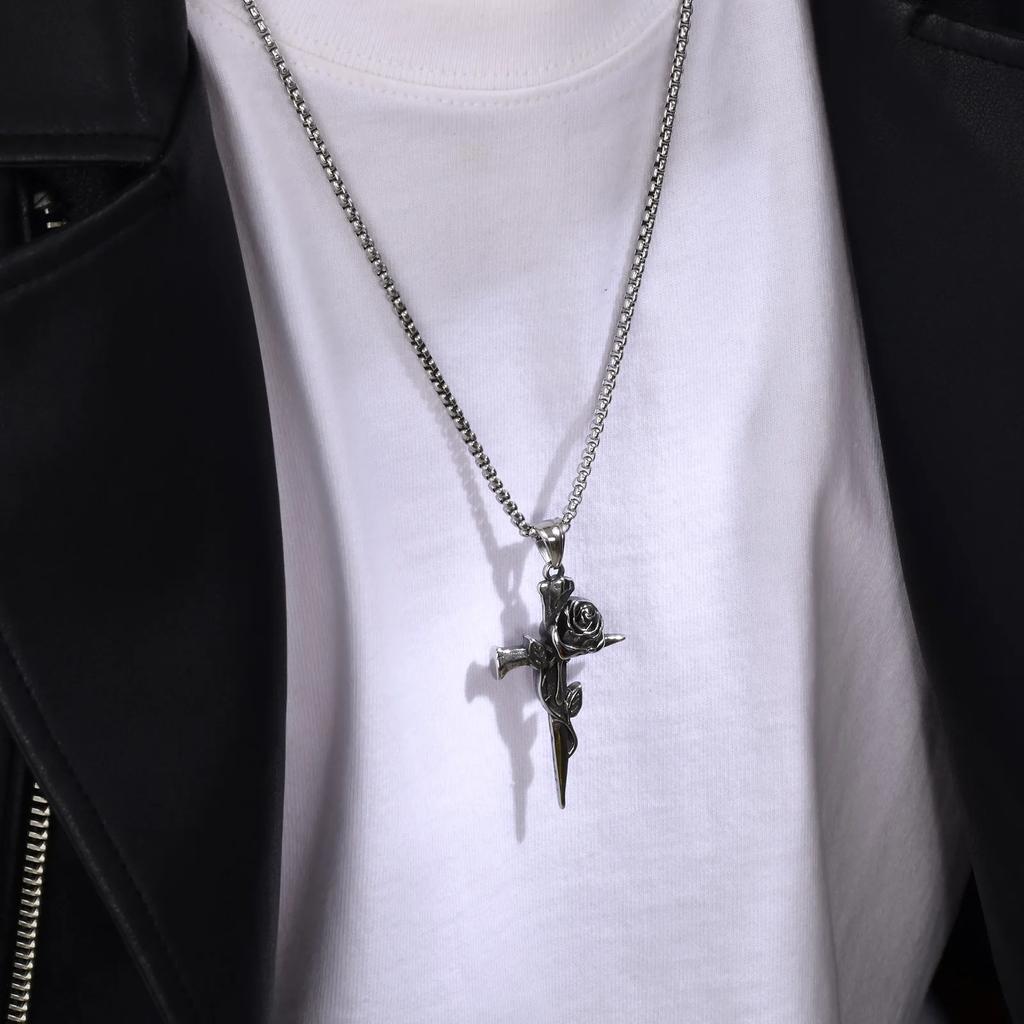 New Gothic Punk Rose Flower Necklaces for Men Hip-hop Silver Color Retro Cross Pendant Collar Jewelry Decoration Gifts Wholesale