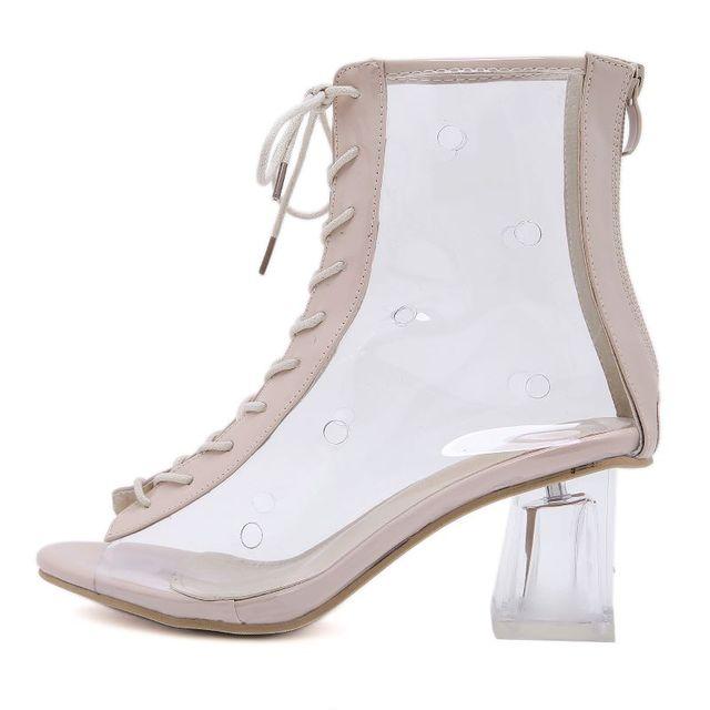 Podzimní nové Dámské Sandály Módní Fish Mouth Transparent Film Krajka -Up Zip uprostřed -Podpatek Sandály Boty na hranatém podpatku
