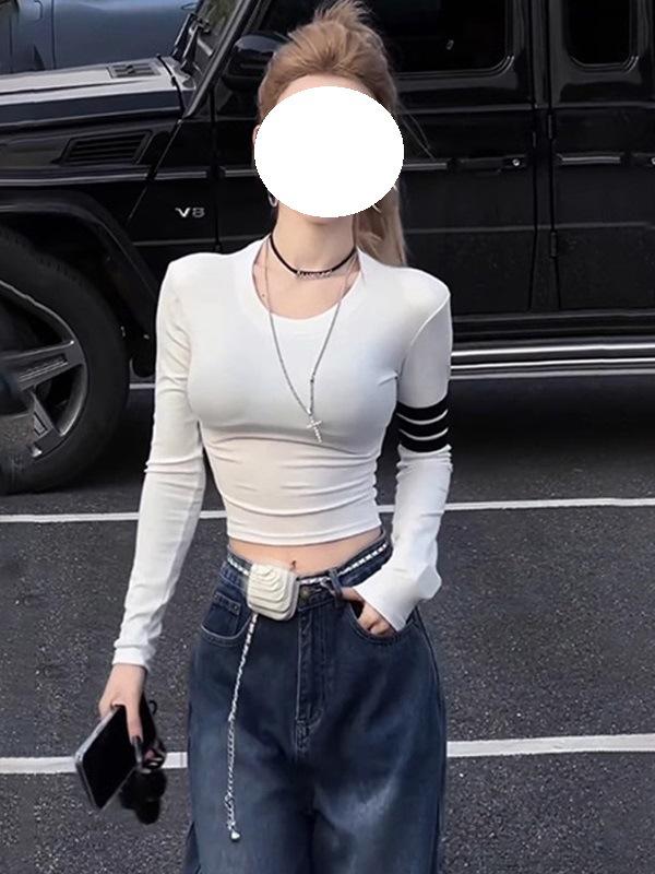 Autumn 2025 Black Striped Slim Fit Cropped Long Sleeve Top M белый