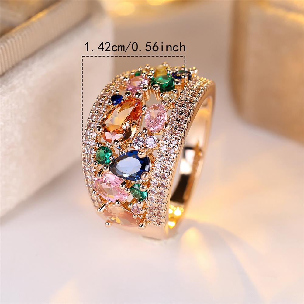 Luxus Damen Gelbgold Farbe Regenbogen Zirkonstein Hochzeit Versprechen Liebe Verlobungsringe Für Damen