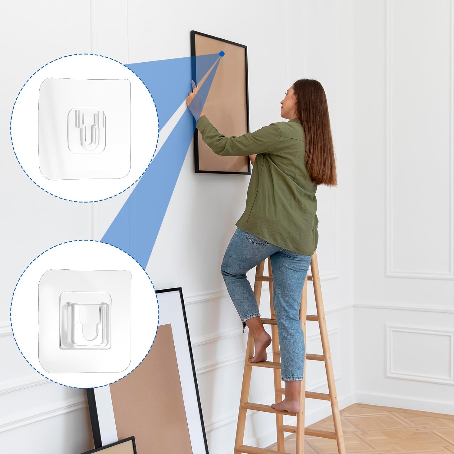 Double Sided Adhesive Wall Hooks,20 Pairs Clear Self Adhesive Wall Mount Hooks-No Drill-Suitable for Hanging and Organizing Power Outlets, Picture