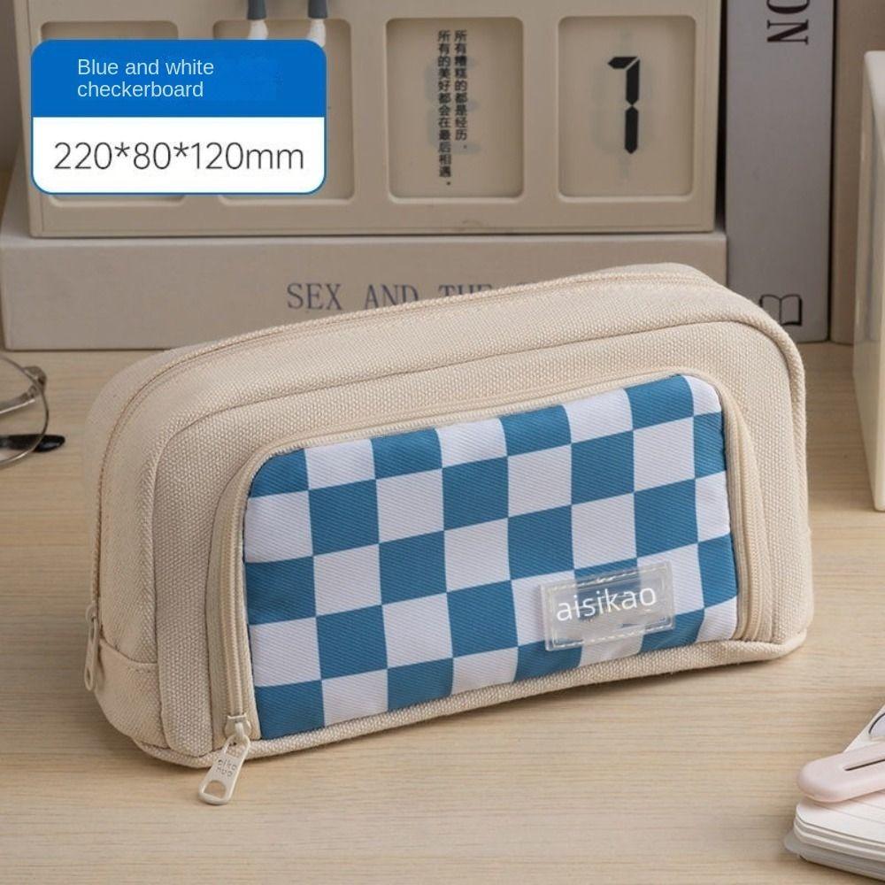 

Large Capacity Checkerboard Pencil Cases Washable Lattice Pencil Bag Student Gifts синий