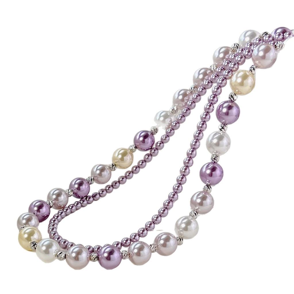 10mm Style Taro Purple Mixed Color Shijia Pearl Double-layer Design Sweater Chain Necklace Collarbone Chain