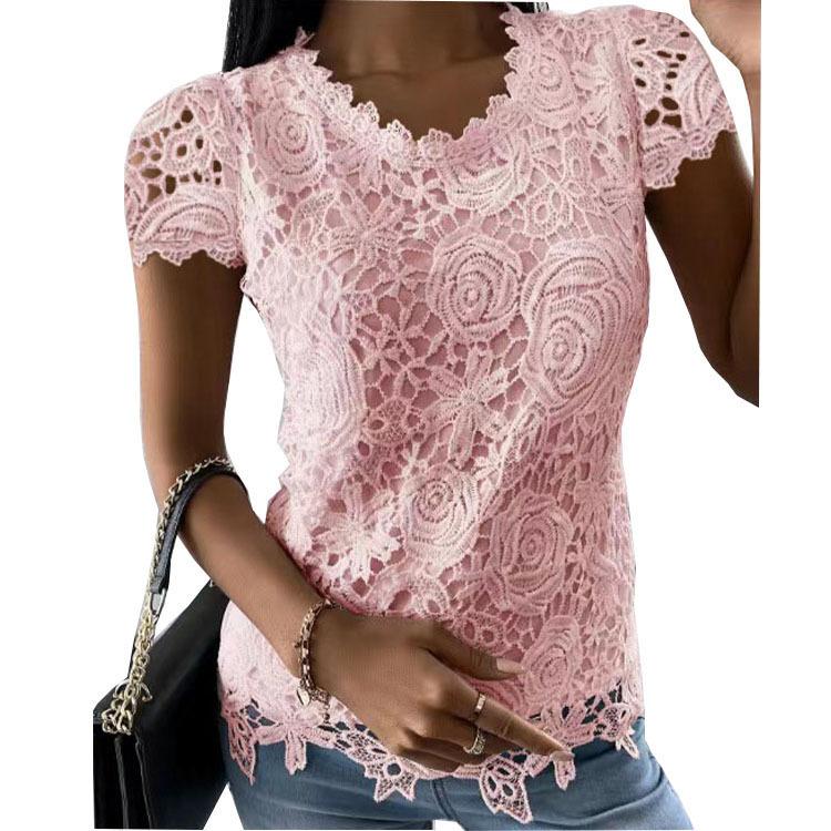 Independent Station Summer New Women's Clothing European and American New Lace Shirt Short Sleeve Top