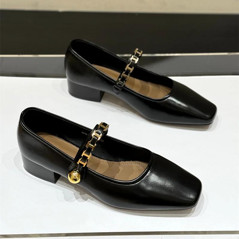 2025 Women's Mid-heeled Single Shoes Square Toe Velcro Chain Small Leather Shoes Office French Shallow Mouth Zapatillas De Mujer