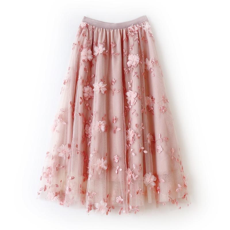 Mesh Embroidery Skirt, Gentle Temperament Medium and Long Skirt, Three-dimensional Flower Heavy Industry Gauze Skirt, Small Fresh Fairy Skirt