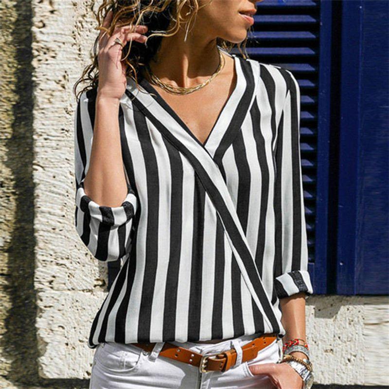 

New Long Sleeve V-Neck Striped Shirt2022 Women s Long Sleeves V Neck Stripes Shirt black XXL