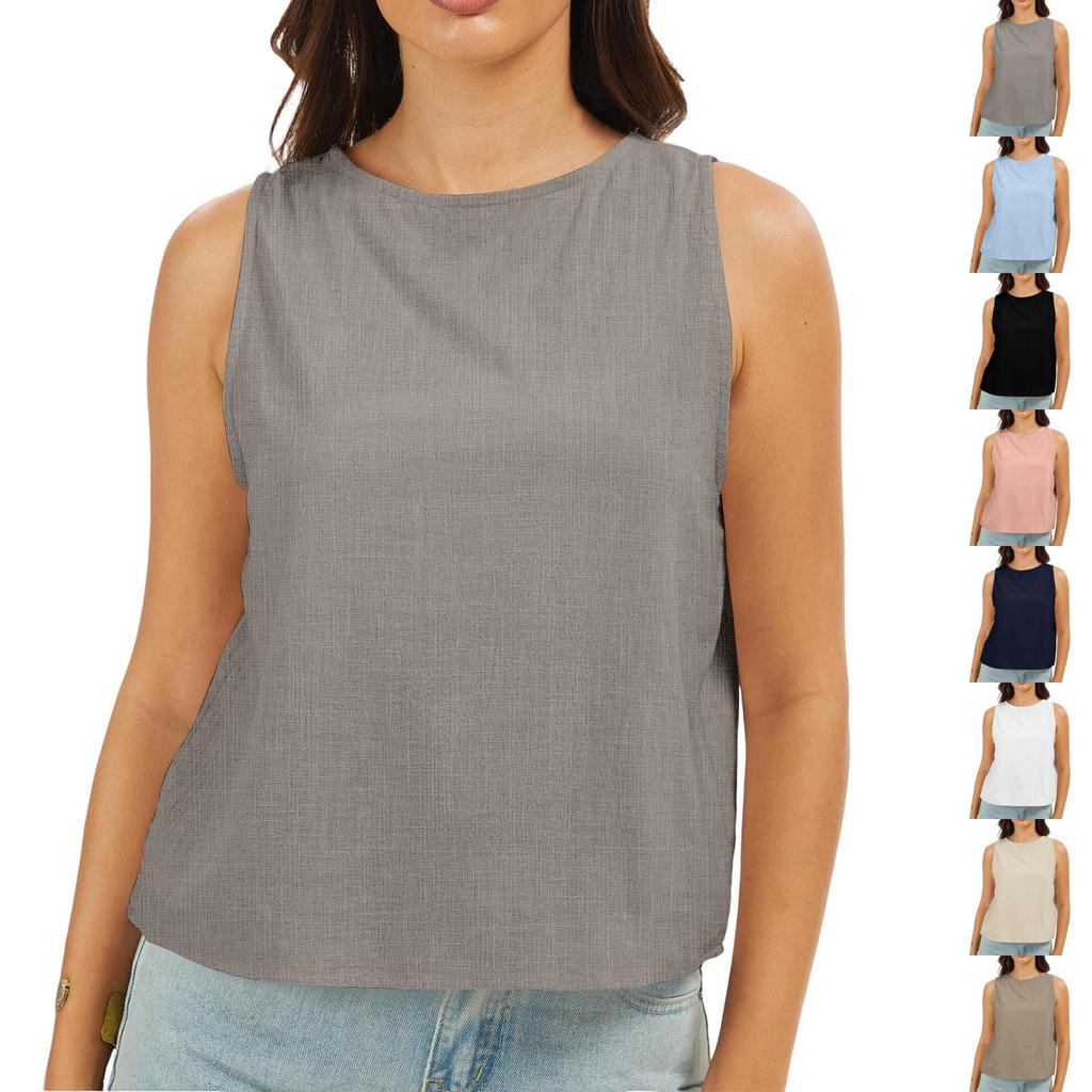 Women Sleeveless Linen Cotton Blend Crew Neck Tank Top Casual Loose Fit Blouse Lightweight Basic Shirt for Summer Daily Wear