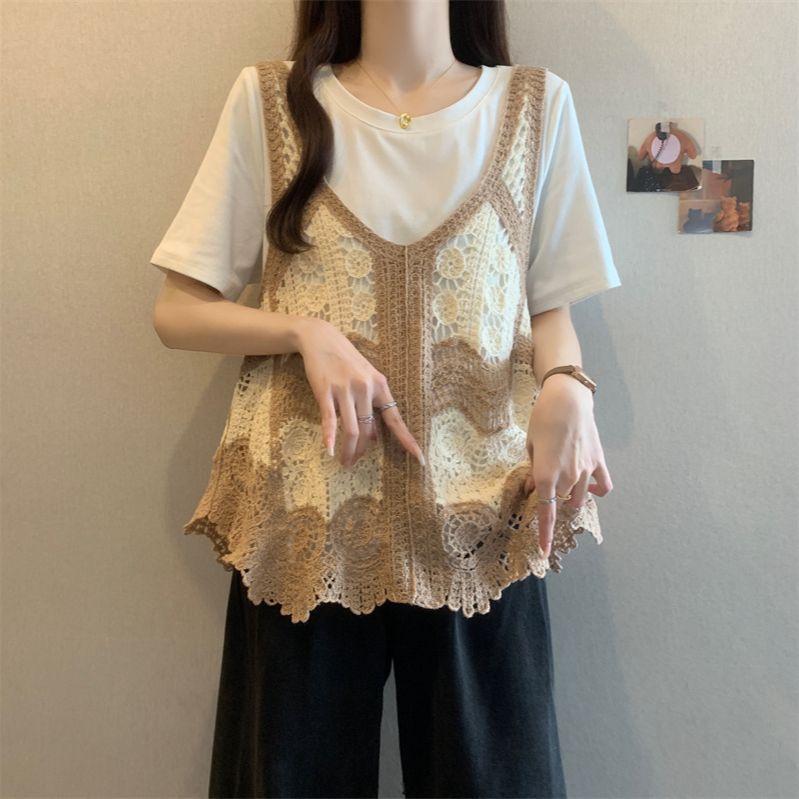 Bohemian Women s Color-block Hollow-out Camisole Vest Loose Crochet Knitted Vest Top One size хаки