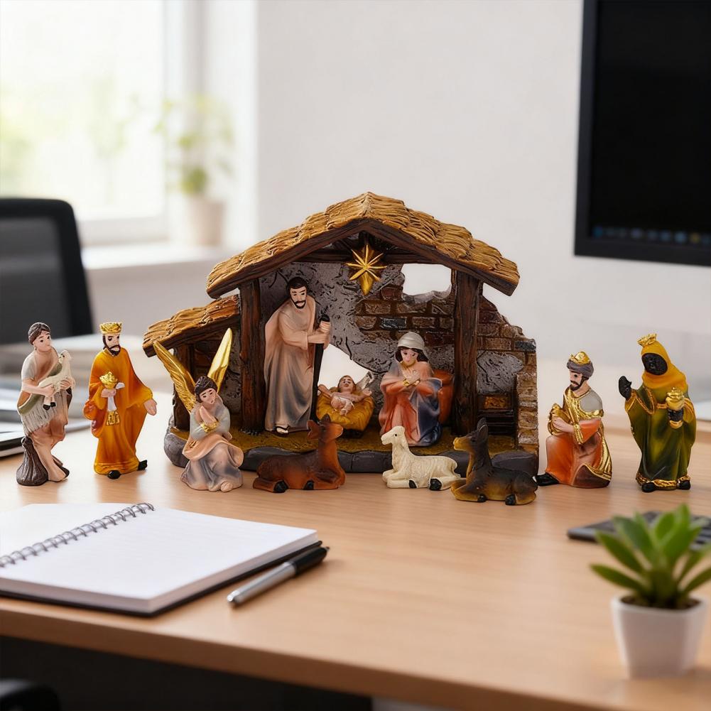 Christmas Manger Set Ornament Nativity Scene Decoration Christmas Nativity Scene Set with Resin Stable Led Star for Holiday