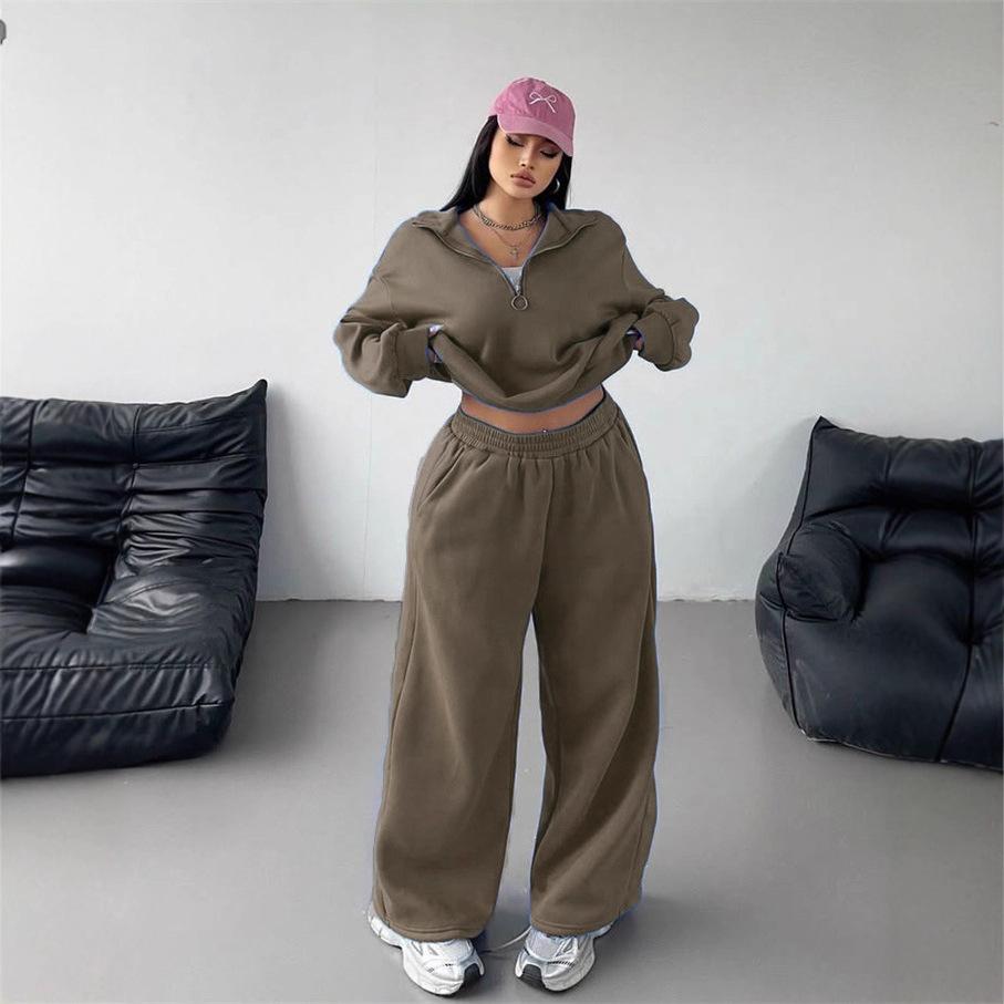 

Women s sets plus size loose casual fashion half-cardigan pullover sweatshirt trousers autumn and winter two-piece set L
