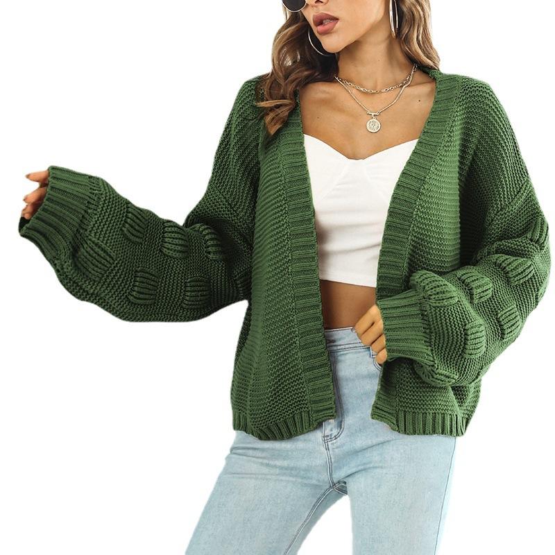 Strikket strikket cardigan for kvinner, uformelt retrotemperament, genser med lanterneermer