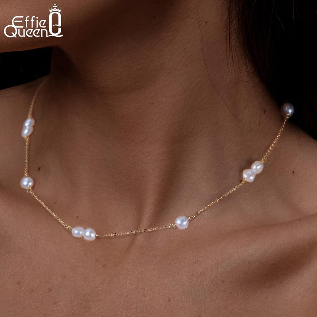 EFFIE QUEEN Classic Minimalist Natural Pearls Choker Necklace for Women 925 Sterling Silver Temperament Pearls Jewelry GPN57
