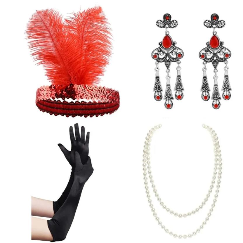 

Four Piece Set Of Headwear, Necklace, Gloves, Earrings, Dress Up For Ladies At The Ball Party One Size червоний