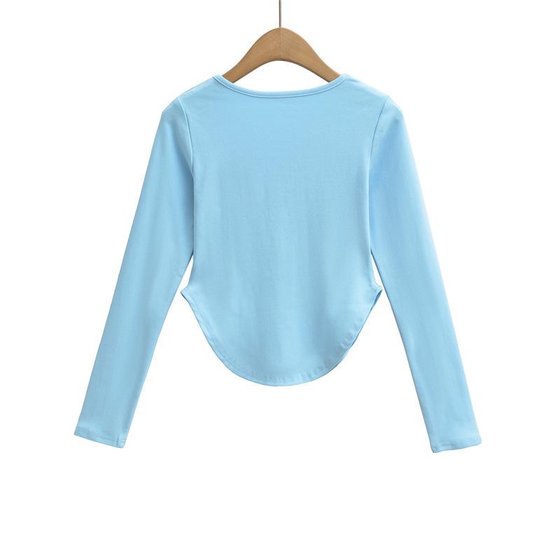 Spicy Girl Square Neck Cinched Waist Long Sleeve T-Shirt for Women - Spring/Autumn Base Layer, High Waist, Curved Style Top