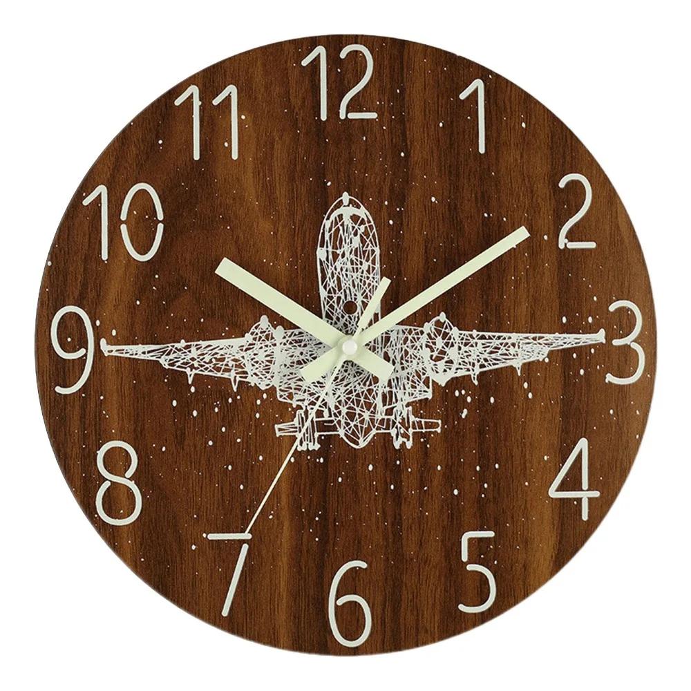 Silent 12 Inch Luminous Wall Clock Wood Grain Nordic Style Digital Clock Round Battery Operated Quartz Wall Clock Wall Decor